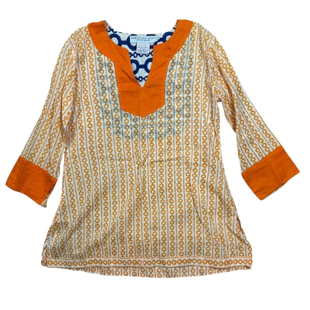 Gretchen Scott Women's Tunic Top Size M Orange Geometric Peasant Boho Gypsy